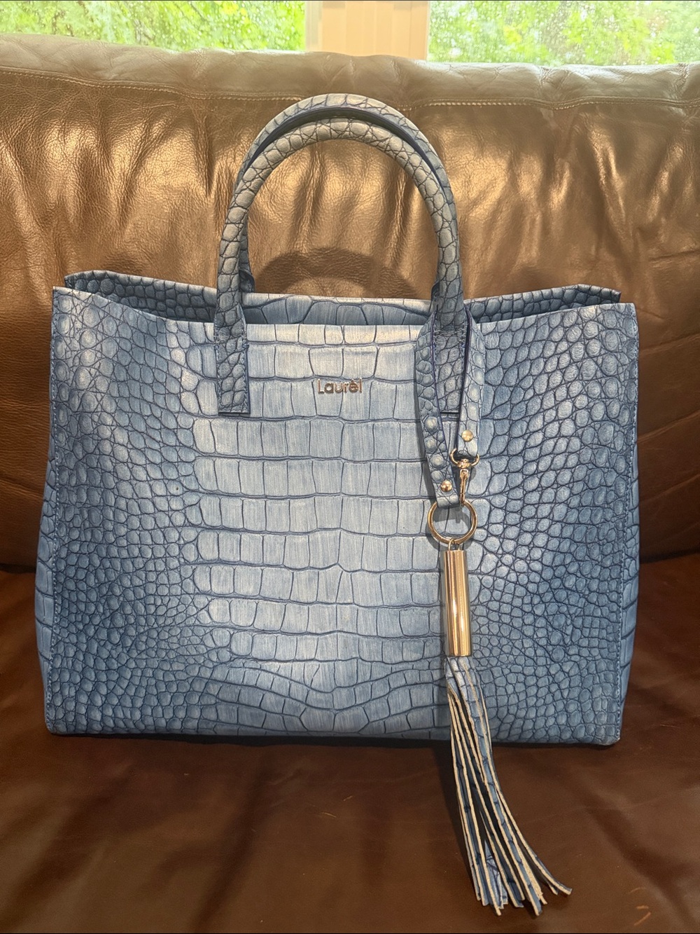 Blue Croc-Embossed Tote with Tassel